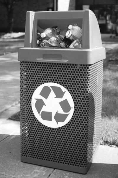 Photo by Scott Mitchell | A full recycling receptacle sits just outside the S Building. 