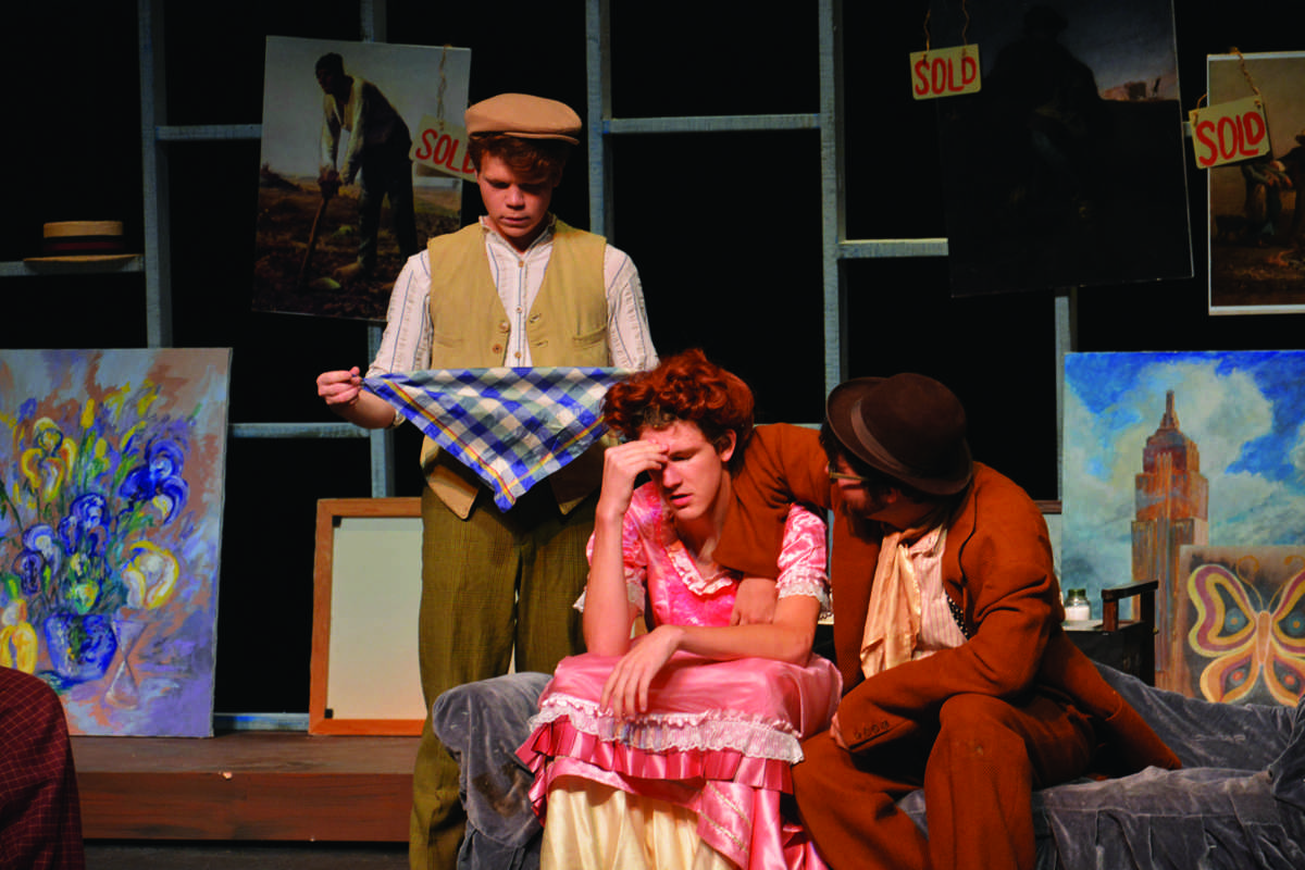 Photos by Frank Fehmel | Left to right: Jack Bullock (as Chicago), Eric Bradley (as Daisy Tillou) and Stephen Wantland (as Phelim O'Shaughnessy) exchange lines during the "Is He Dead?" dress rehearsal