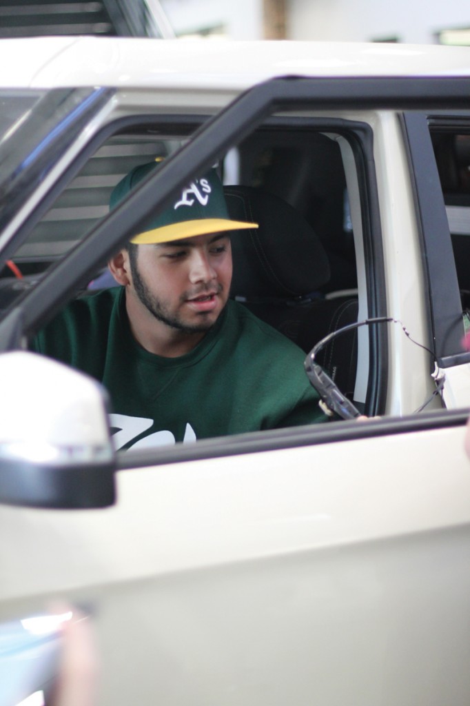 David Villarreal steps out of the simulation vehicle after trying his hand at driving drunk.