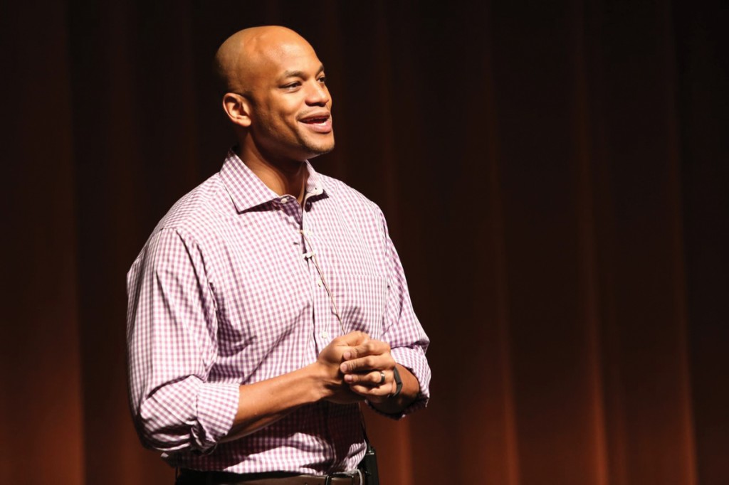 Photo by Kathy Tran | Author Wes Moore speaks to a standing room only crowd in the Performance Hall at Brookhaven College.