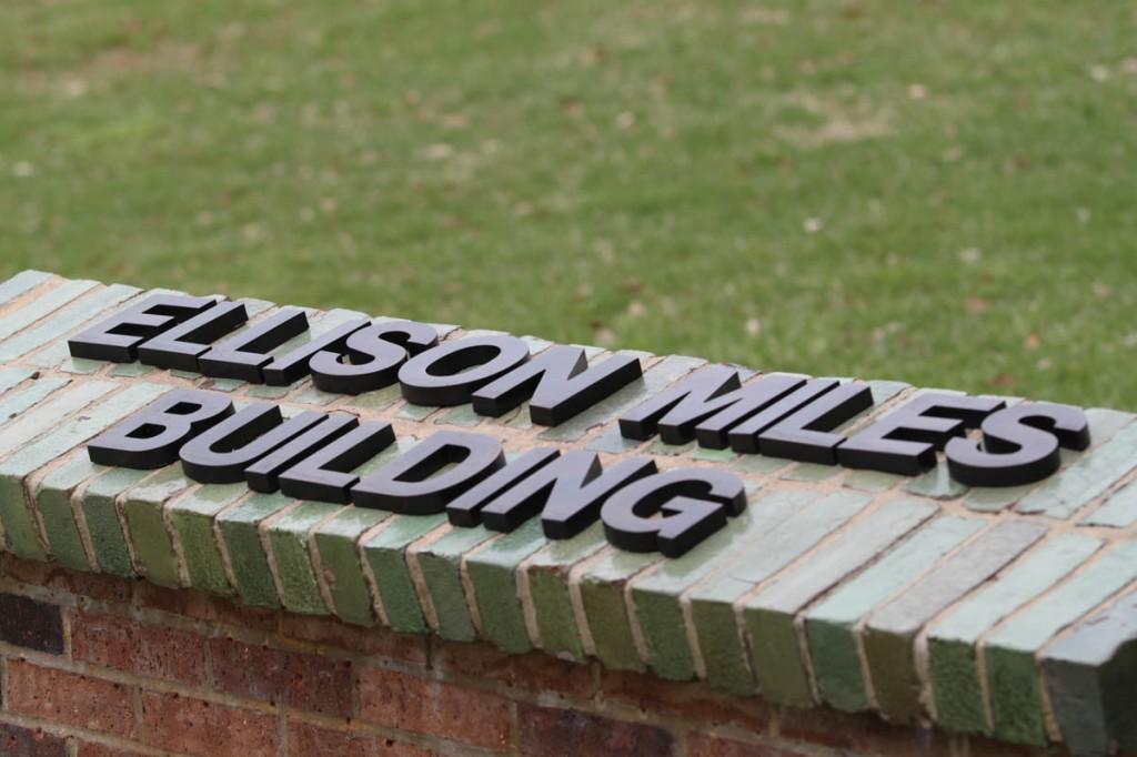 Photo by Nicholas Bostick | A sign outside the former H Building now reads Ellison Miles Building. 