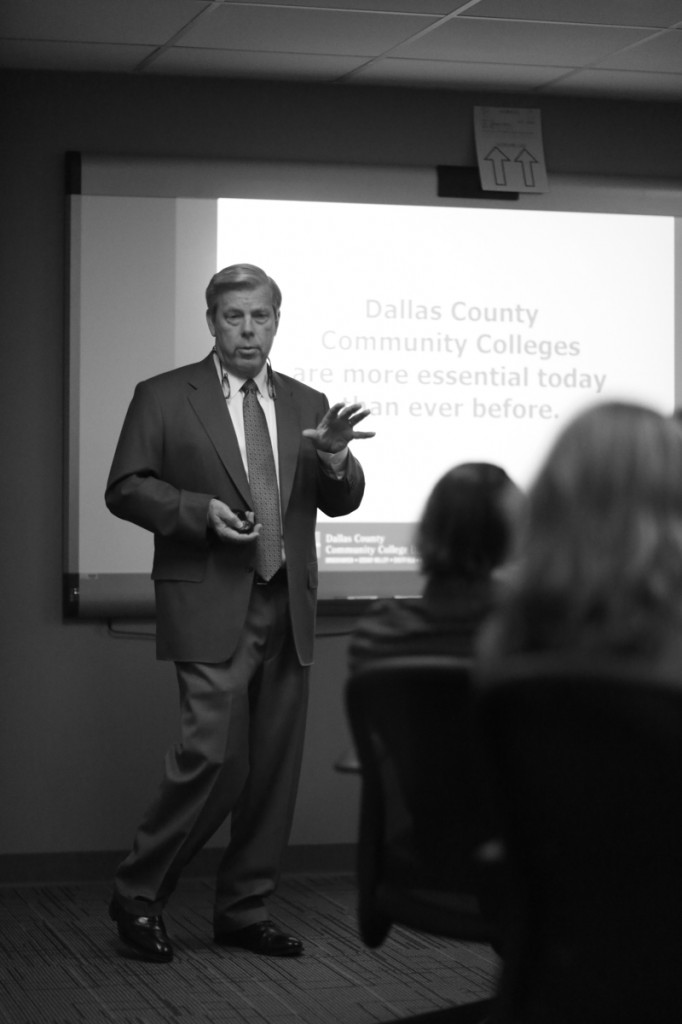 Photo by Adriana Salazar | DCCCD Chancellor Dr. Joe May outlines his plans to align the needs of local businesses with the growing number of job seekers.