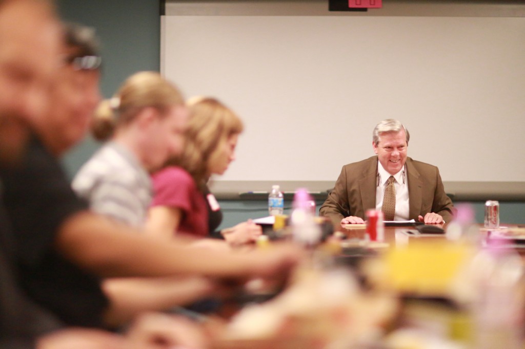 Photo by Adriana Salazar | DCCCD Chancellor Dr. Joe May speaks with students, staff and faculty representatives from schools throughout the district about his vision for the future.