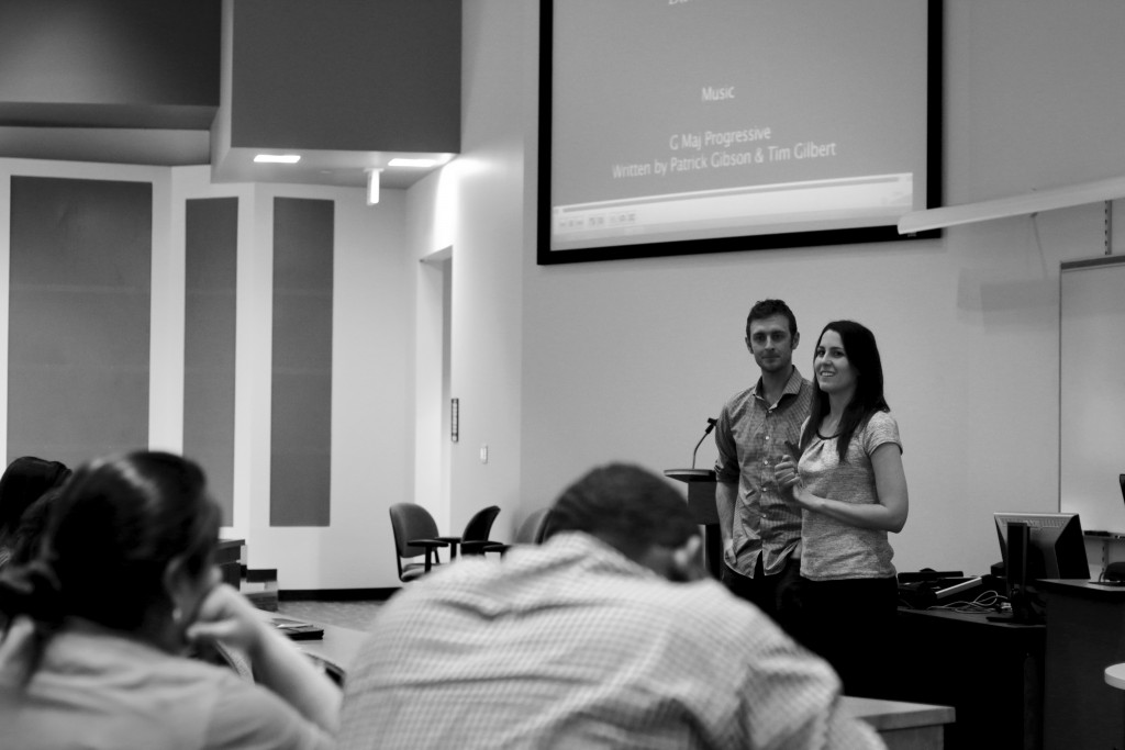 Photo by Evan Henry | Courier  Filmmakers Chip Hiden and Alexis Irvin talk to students after a screening of their documentary, “The Dream Share Product.” 