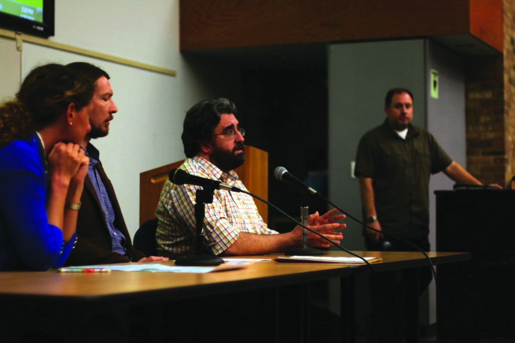 Photo by Evan Henry | CourierPanelists and Brookhaven College professors Jennifer Allen (left) and John Gram (right) and Dr. Douglas Miller (middle) discuss the film “A Good Day to Die” as moderator and professor Cameron Sinclair looks on.