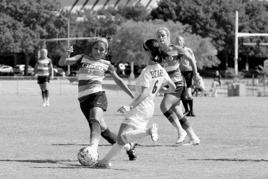 Cisco College midfielder Naddia Garcia (#12) and Brookhaven’s midfielder Shannon Rose (#6) go after a 50/50 ball.