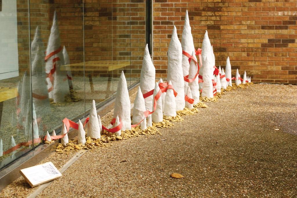 Silvia Lopez’s instillation, inspired by “The Giant” by Bad Plus, sits in front of F Building;