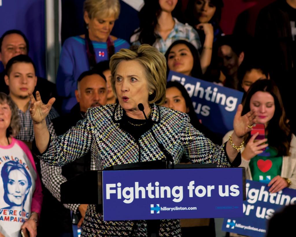 Photo by Michael Dunlap | Democratic presidential candidate Hillary Clinton speaks at a fundraising rally Nov. 17 at Mountain View College.