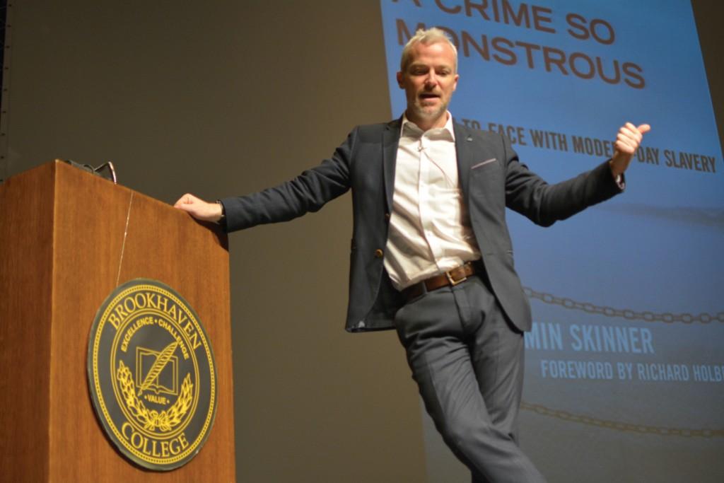 E. Benjamin Skinner, author of “A Crime So Monsterous: Face-to-Face with Modern Slavery,” speaks to students, staff and faculty in the Performance hall on Feb. 2.