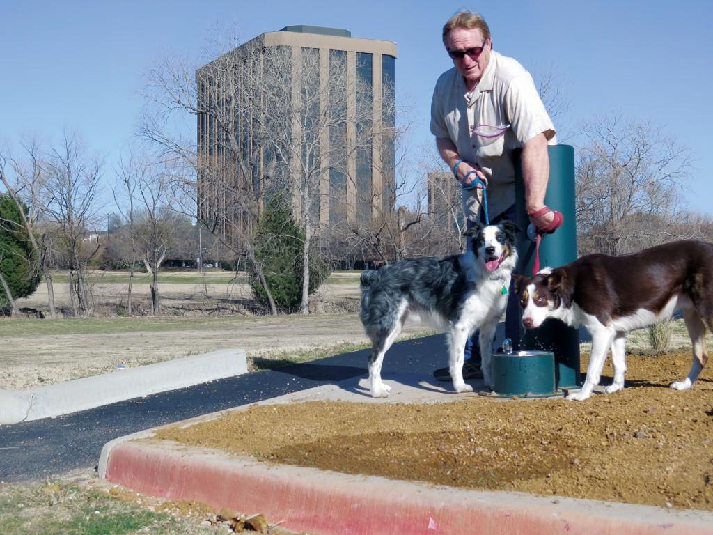 Photo by Diamond Victoria|Charles Daniels, a former Brookhaven College student, stops to let his dogs, Ozzie and Ace, drink from the new fountain installed on the jogging trail near the soccer fields.