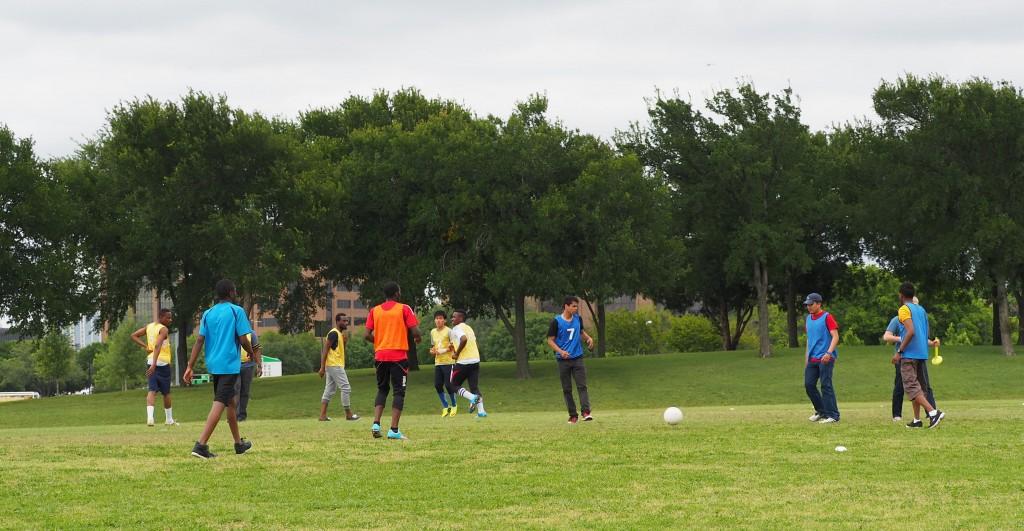  Photo by Jubenal Aguilar | Students in the the ESOL Sports program play soccer April 20. The pilot program was created to give international students an opportunity for social interaction and physical exercise.