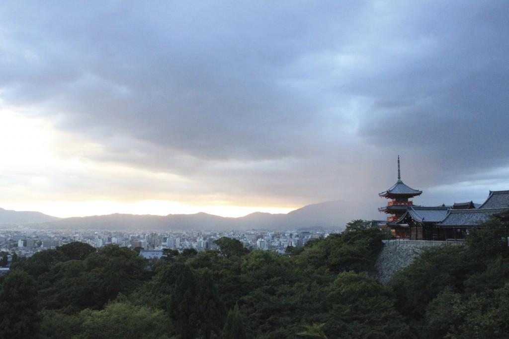 The Kiyomizu-dera temple sits on a hill in Kyoto, Japan.