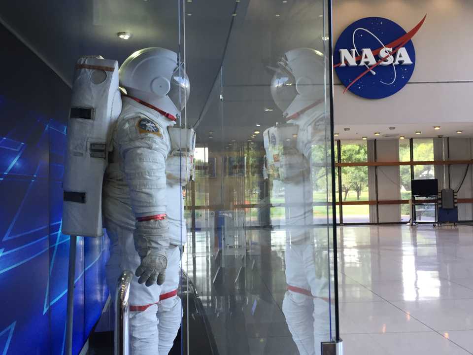 Photo by Juvenal Aguilar The Extravehicular Mobility Unit, or EMU, used by U.S. astronauts is displayed in a glass case at NASA’s Johnson Space Center in Houston.