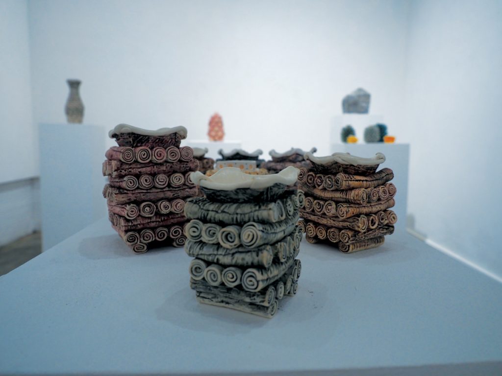 Photos by Jubenal Aguilar A porcelain teabath square trio sits in the Studio Gallery during Austin artist Jennifer Hill’s exhibit in Brookhaven College’s Studio Gallery Aug. 22-Sept. 23.