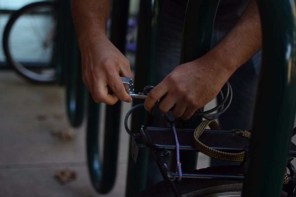 Photo by Aaron Sewell Brookhaven College adds new bicycle racks throughout campus so students, staff and faculty who bike to campus can lock them up.