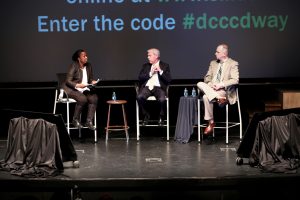 Photo by Jubenal Aguilar | Sharon Jackson (left), mathematics professor; Chancellor Joe May; and Brookhaven College President Thom Chesney talk Oct. 15 in the Performance Hall about how the district is working to make students’ experience better.