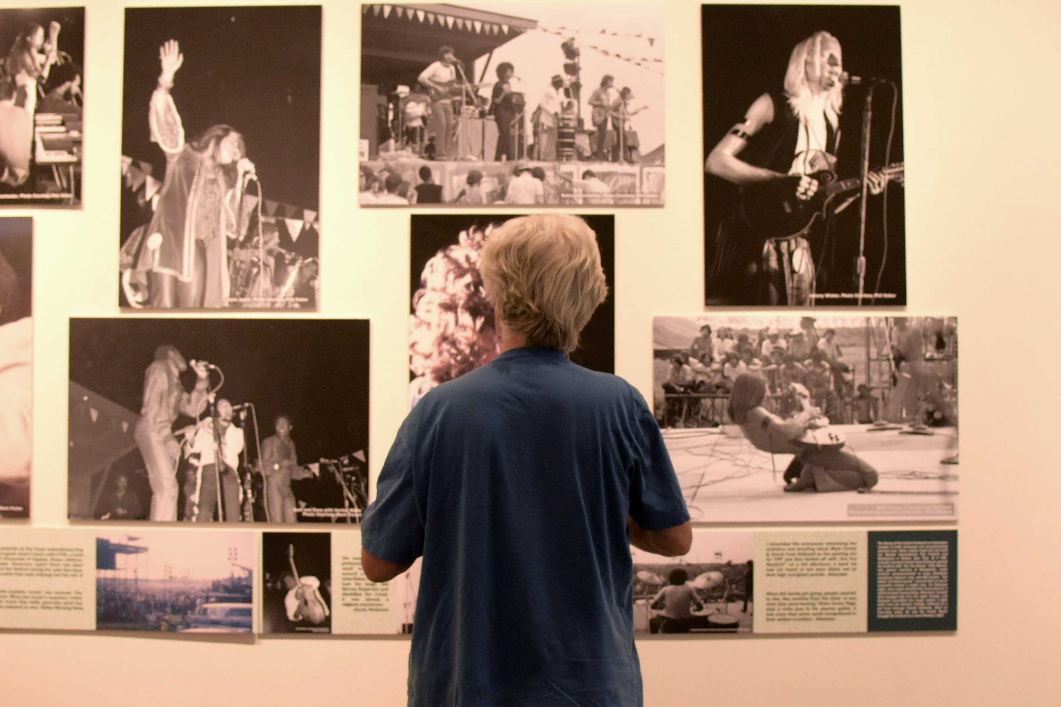 Photos by Brandon Donner | An attendee of the Denton exhibit commemorating the 50th anniversary of the Texas International Pop Festival views a wall of photos from the festival shot in 1969