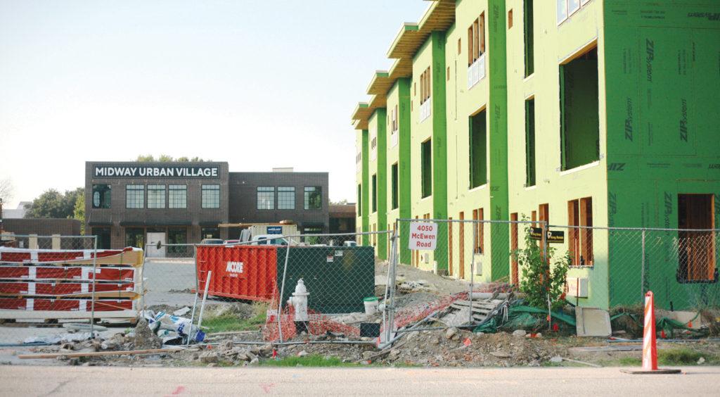 Photo by KT Reid |  A new apartment and townhome complex is under construction at 4050 McEwen Road, near Brookhaven College. The new residential complex is replacing a part of the office park on McEwen, which was built in the 1970s. Construction is scheduled to be finished by March 2020.