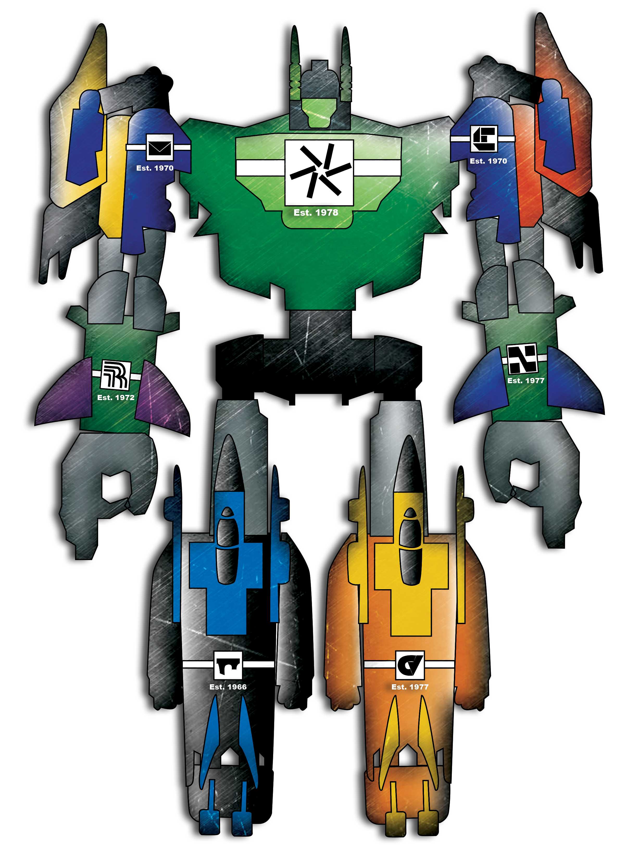 The Megazord giant robot from the Power Rangers animated series, but each limb or segment of a limb is painted in the colors of one of the DCCCD colleges.