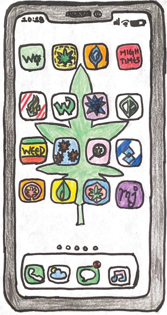 <strong>Illustration by Rinchin Lama 
 | </strong>Various cannabis community cell phone apps provide social media, cannabis locators and databases where users can find information on products, strains and health. 