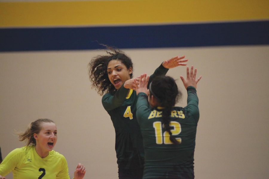 <strong>Photo by Malen Blackmon</strong> Lady Bears outside hitter Yasmin Miller (#4), defensive specialist Fatima Paez (#12) and libero Cidnee Howard (#2) celebrate a point against North Lake College Oct. 21