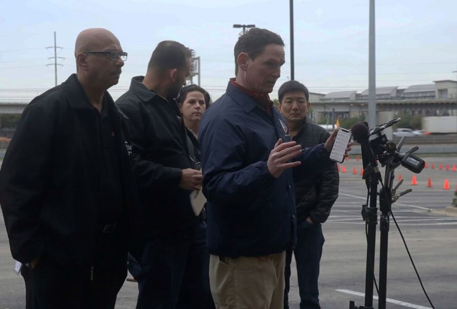 <strong>Photo by Jacob Vaughn</strong> Dallas County Judge Clay Jenkins speaks with members of the press March 21 at the city's first drive-thru COVID-19 test site.