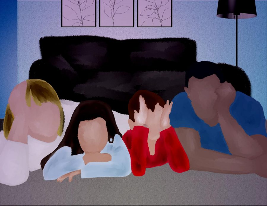 Illustration of a family without clear faces.