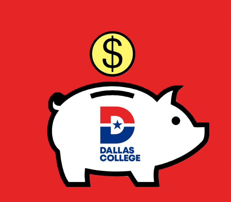 Illustration of piggy bank with Dallas College logo