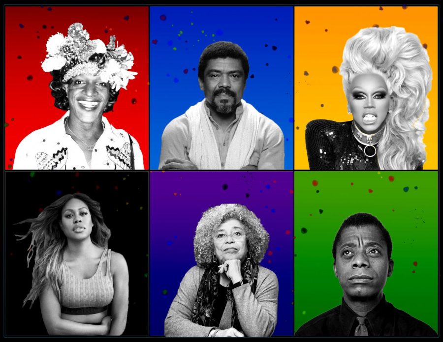 Pictured in illustration from left: Marsha P. Johnson, Alvin Ailey, RuPaul, Laverne Cox, Angela Davis and James Baldwin.