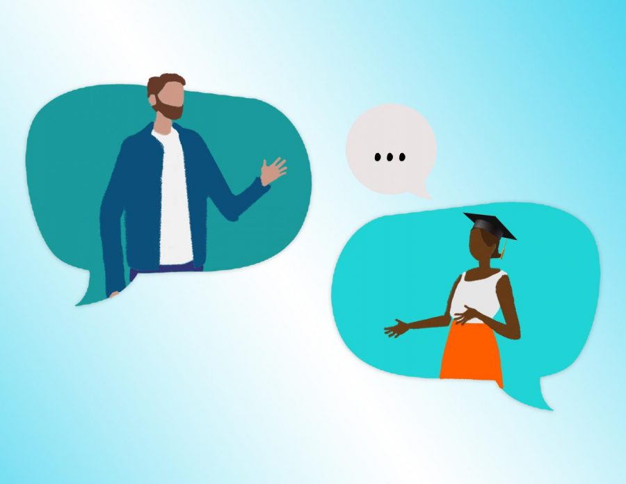 Illustration of two people talking one has a cap and gown