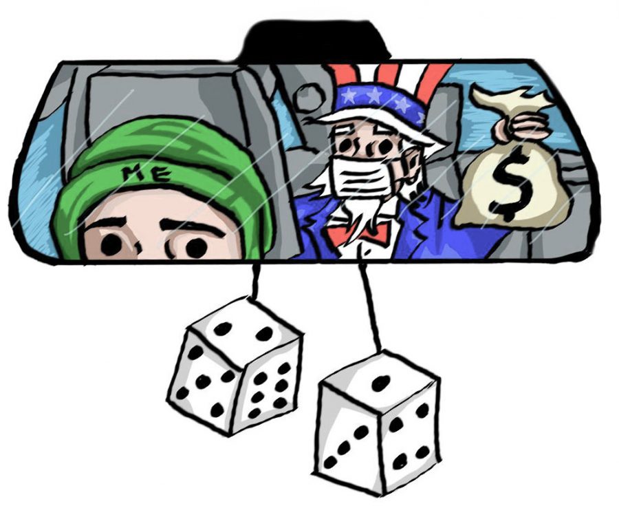 Illustration of a rearview mirror where you see Uncle Sam with money bag in back seat