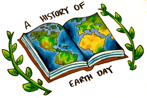 Illustration of open book with drawing of earth and words a history of earth day