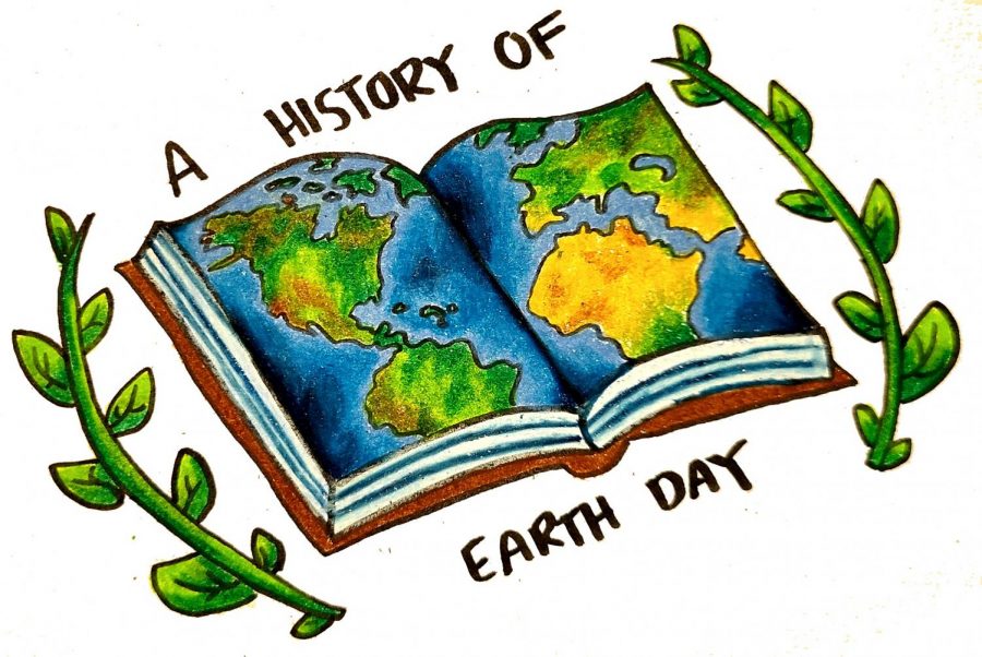 Illustration of book with world and words a history of earth day