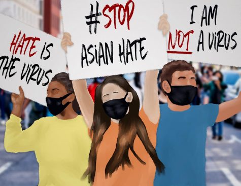 Illustration of people holding signs that say stop asian hate