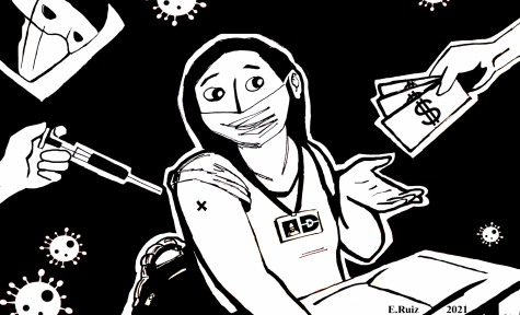 illustration of masked student getting cash for getting a vaccination