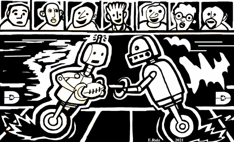 drawing of two robots playing while spectators watch