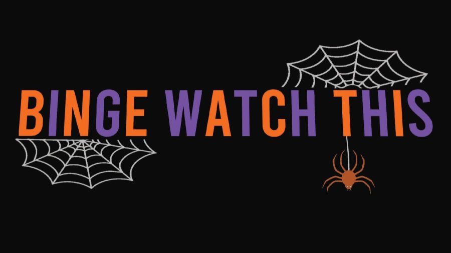 Illustration of Binge Watch this logo with cobwebs and spiders