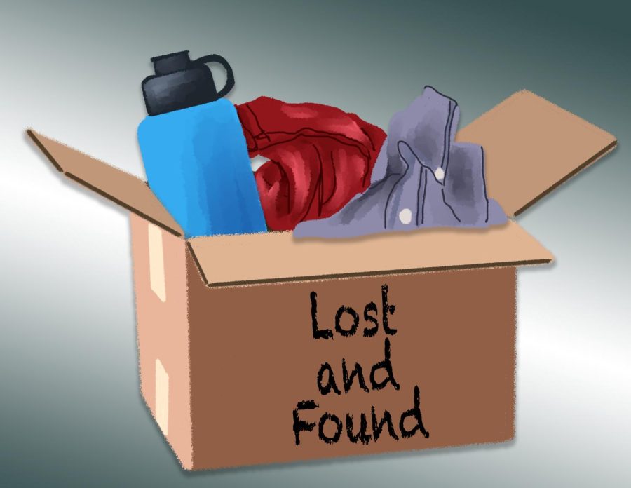Illustration of lost and found box with items inside
