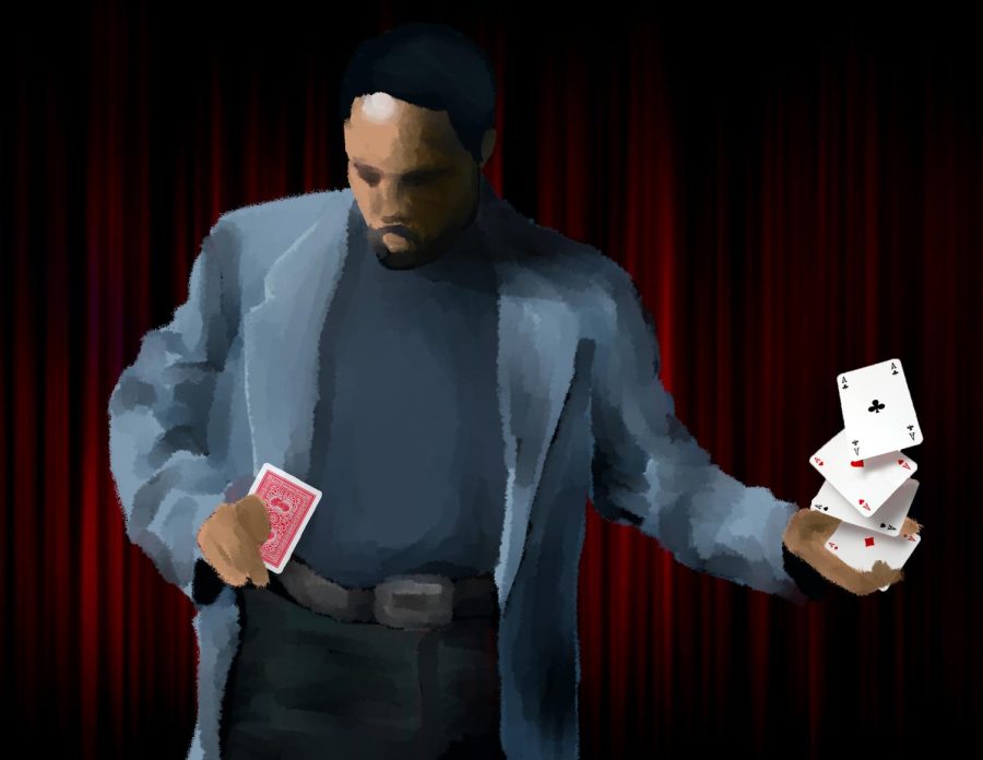 Illustration of Black magician doing card trick