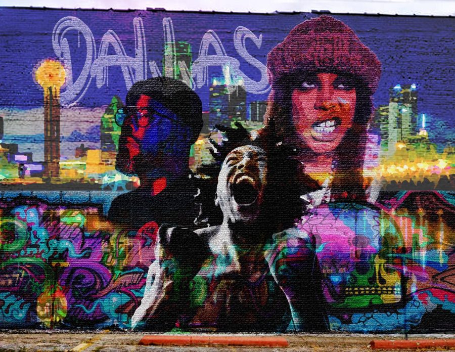 illustration of a graffiti wall with Dallas skyline and Dallas artists