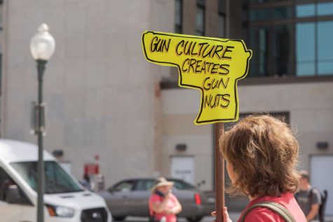 A sign held in a protest