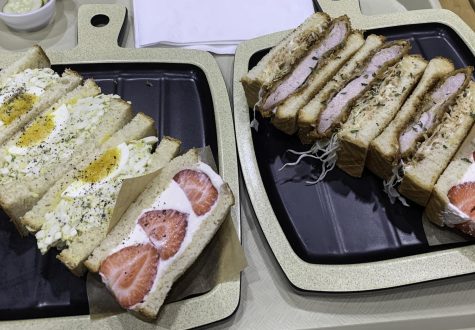 a photo of Pork katsu sando and egg sando with fruit sando