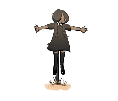 Illustration of a Wednesday Addams Costume on a scarecrow