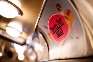 Vintage Butter-Nut Bread advertisement on the ceiling of car 4614, Margaret.