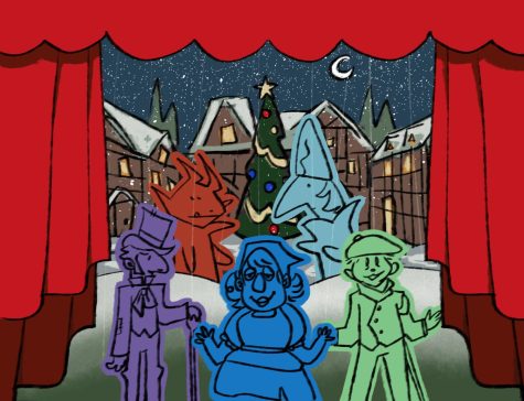 Illustration of five marionette puppets on a small stage with a winter wonderland backdrop.