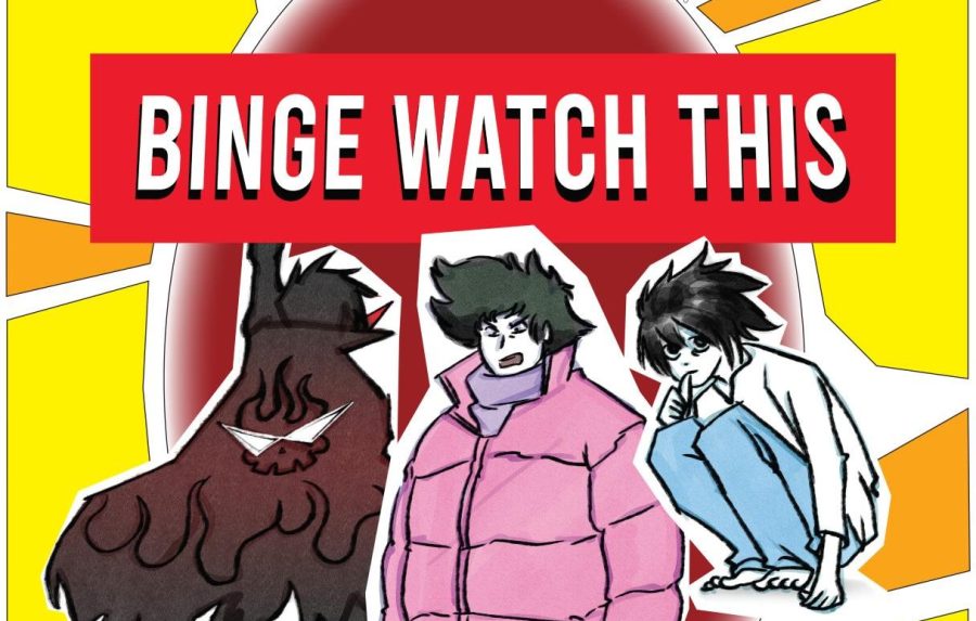 Collage of 3 drawn anime characters under words that read Binge Watch This