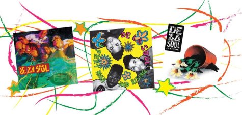 3 different De La Soul albums on a splatter paint background