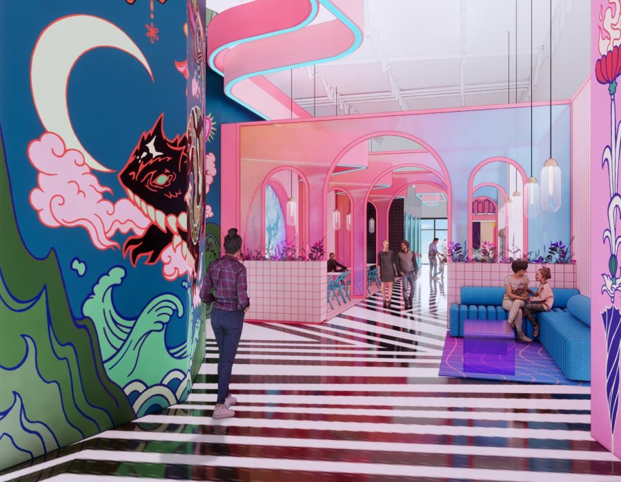 A digital rendering of the lobby area inside Meow Wolf Grapevine.