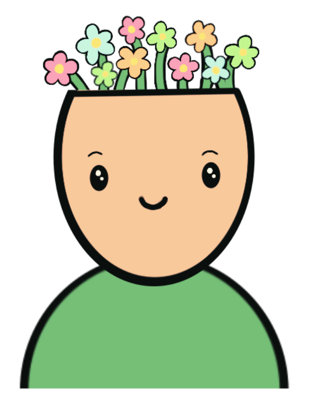 Happy person with flowers growing from head.