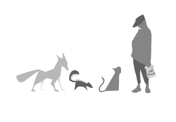 Illustration of a man and three animals.